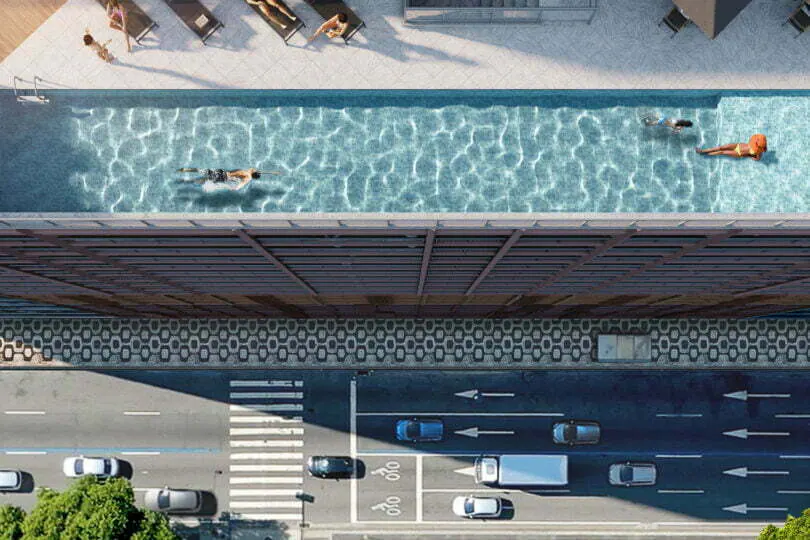 Vista Aérea da Piscina com Deck Molhado na Cobertura | Vargas 1140, Construtora Cury | Presidente Vargas 1140, Centro, Rio de Janeiro, RJ