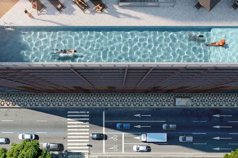 Vista Aérea da Piscina com Deck Molhado na Cobertura | Vargas 1140, Construtora Cury | Presidente Vargas 1140, Centro, Rio de Janeiro, RJ