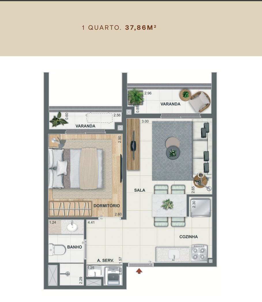 Planta do apartamento de 1 quarto com 37,86 m² do Erê Residencial