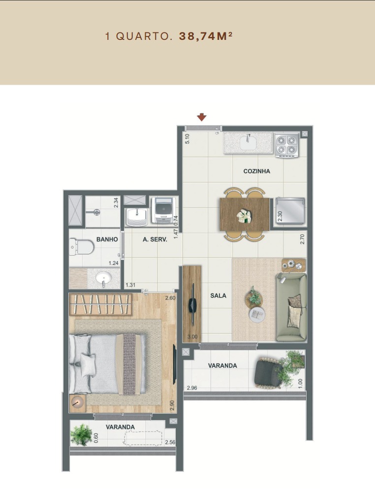Planta do apartamento de 1 quarto com 38,74 m² do Erê Residencial