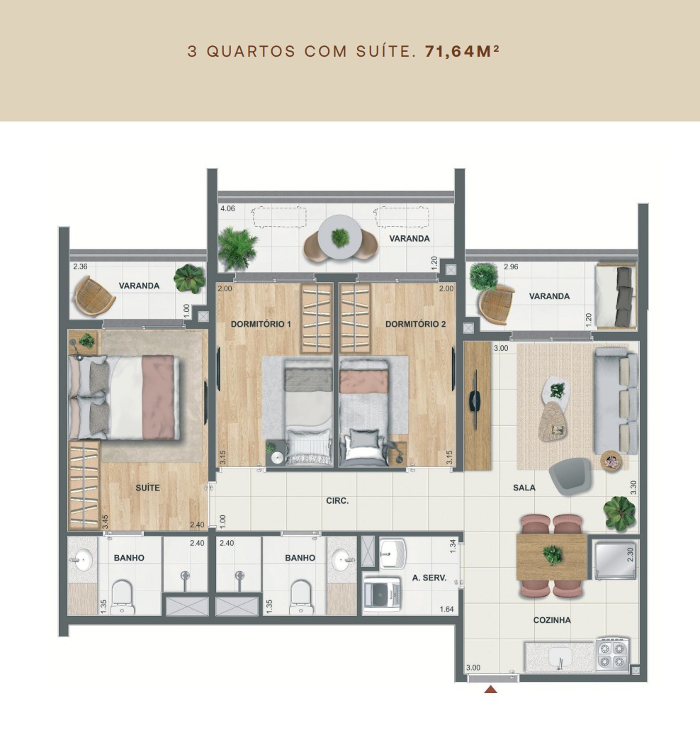 Planta do apartamento de 3 quartos com suíte e 71,64 m² do Erê Residencial