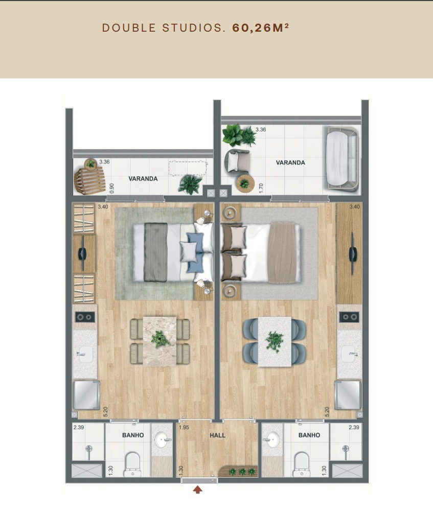 Planta do Double Studio de 60,26 m² do Erê Residencial