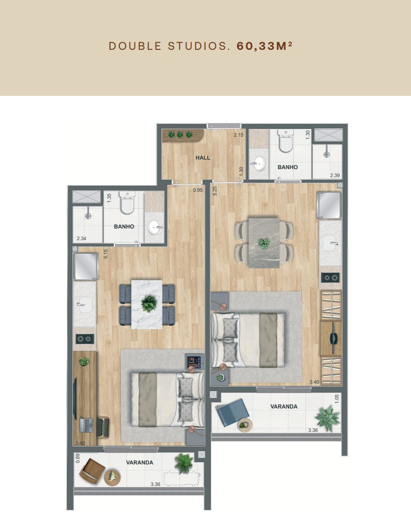 Planta do Double Studio de 60,33 m² do Erê Residencial