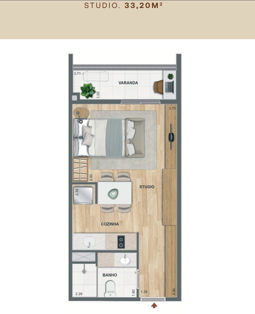 Planta do Studio de 33,20 m² do Erê Residencial