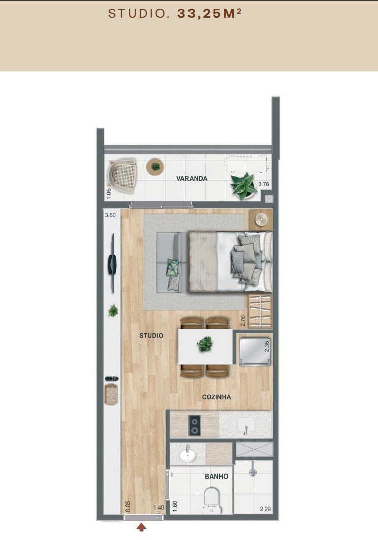 Planta do Studio de 33,25 m² do Erê Residencial