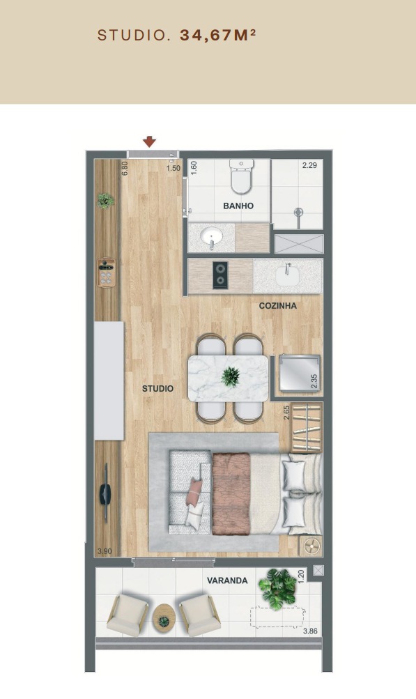 Planta do Studio de 34,67 m² do Erê Residencial