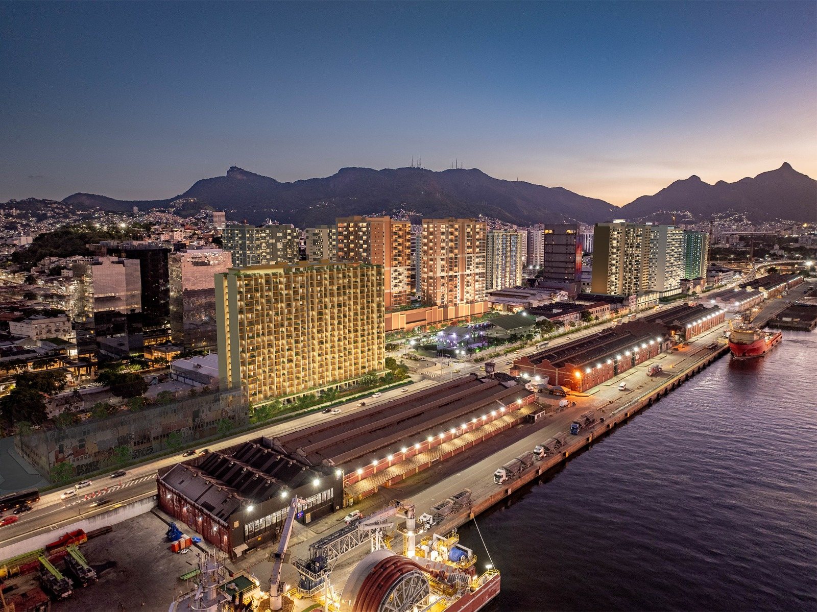Vista aérea noturna do Erê Residencial inserido no Porto Maravilha, no Rio de Janeiro